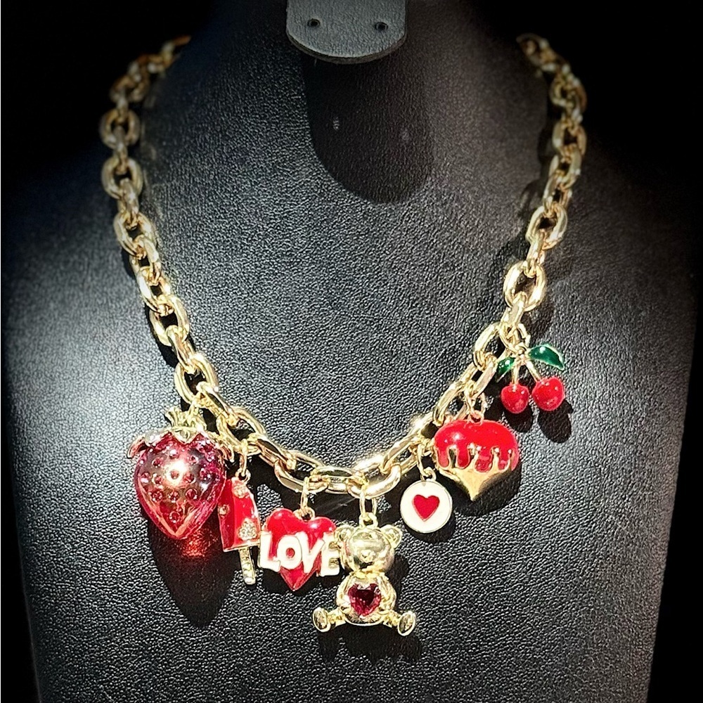 Gold Charm Necklace with Red Accents